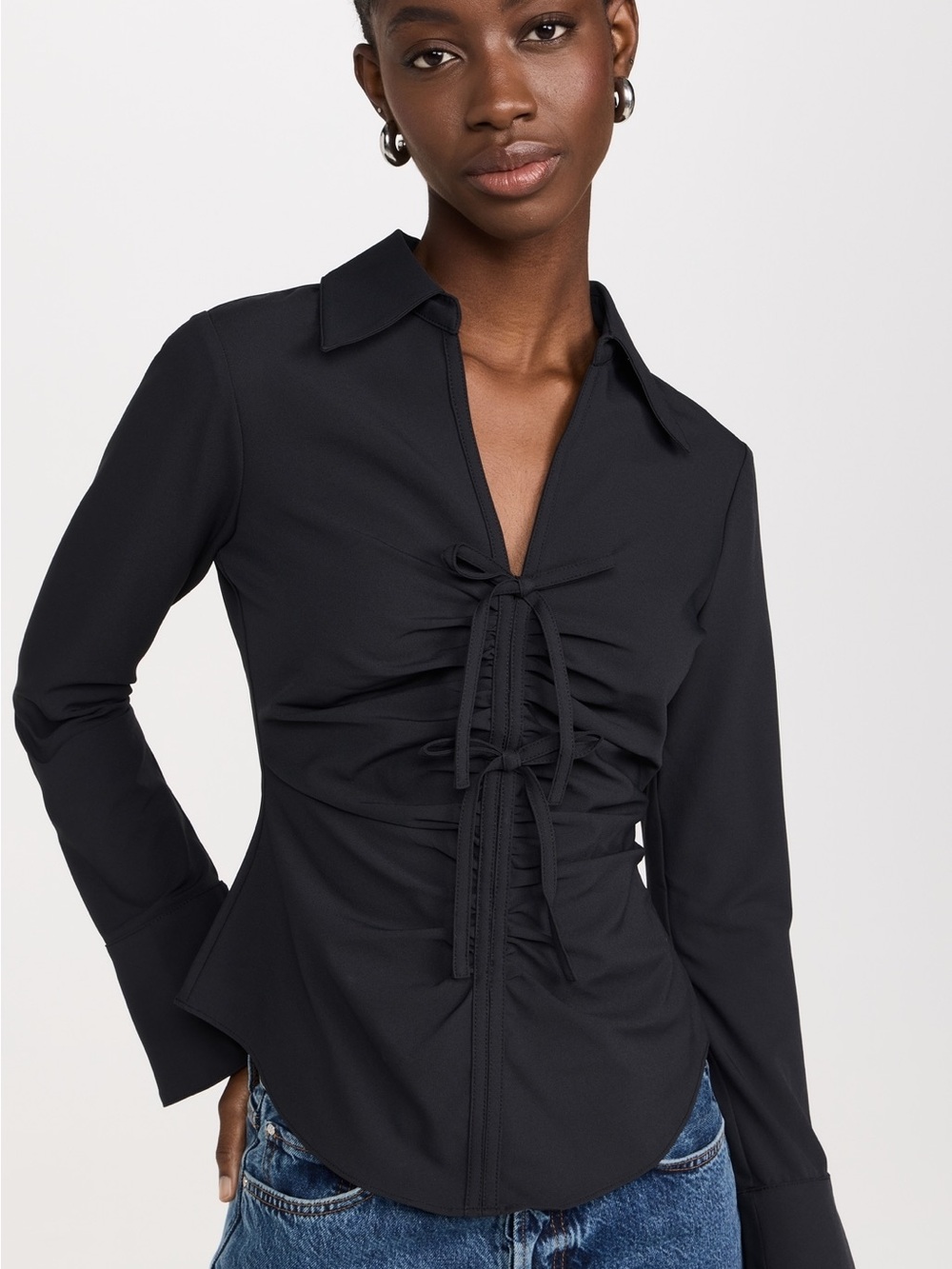 NEW Jason Wu Black Ruched Ribbon Tie-Front Chic Blouse Size Medium